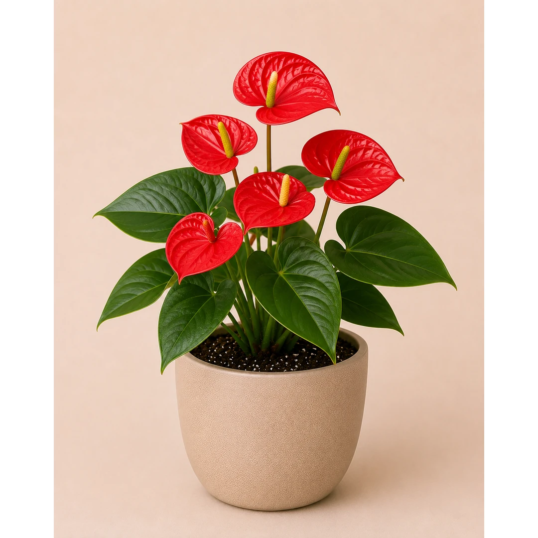 Healthy Red Anthurium plant in a decorative pot with vibrant red heart-shaped flowers and glossy green leaves for indoor home and office décor