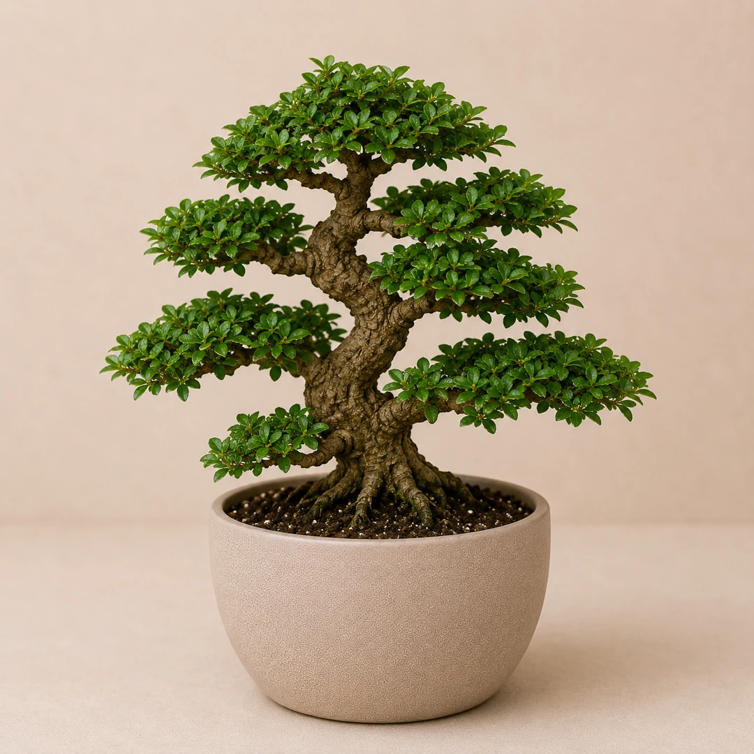 Healthy indoor bonsai plant in a premium decorative ceramic pot for home and office décor