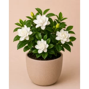 Healthy Gardenia (Cape Jasmine) flowering plant in a decorative pot with fragrant white blooms for home gardens and balconies