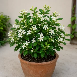 Healthy Madhu Kamini (Orange Jasmine) flowering plant in a decorative pot with fragrant white blooms for home gardens and balconies