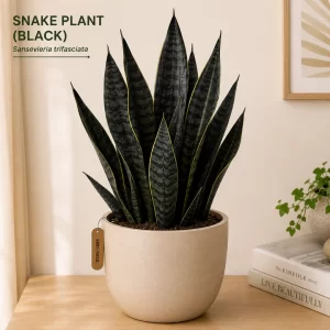 Healthy Black Snake Plant (Black Coral Sansevieria) in a decorative pot with dark green upright leaves for indoor home and office décor
