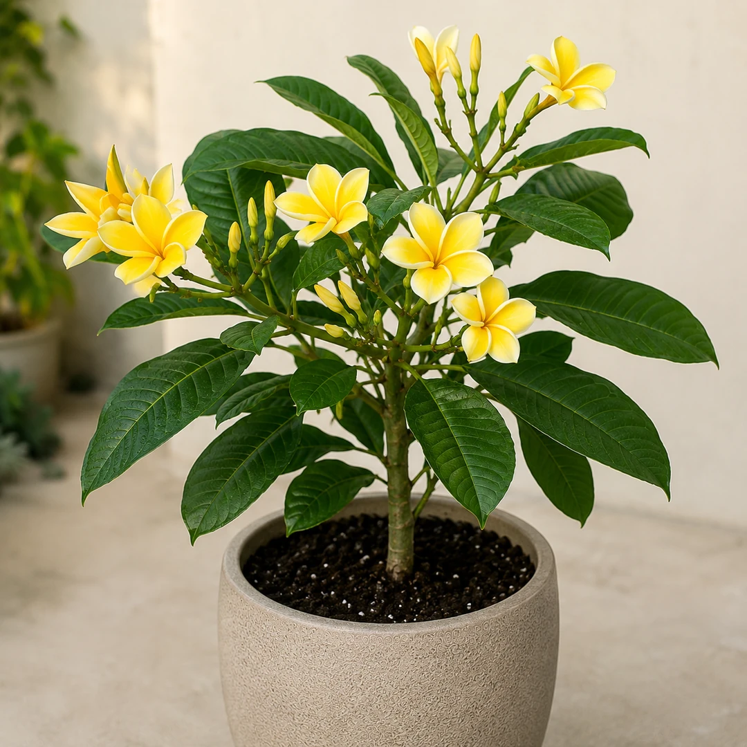Healthy Yellow Champa flowering plant in a decorative pot with fragrant golden-yellow blooms for gardens and landscapes